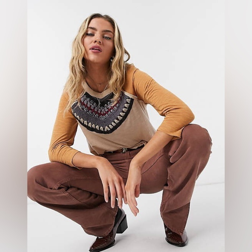 We The Free by Free People Spring Bound Tan Crochet Yoke Baseball Tee - Picture 1 of 6